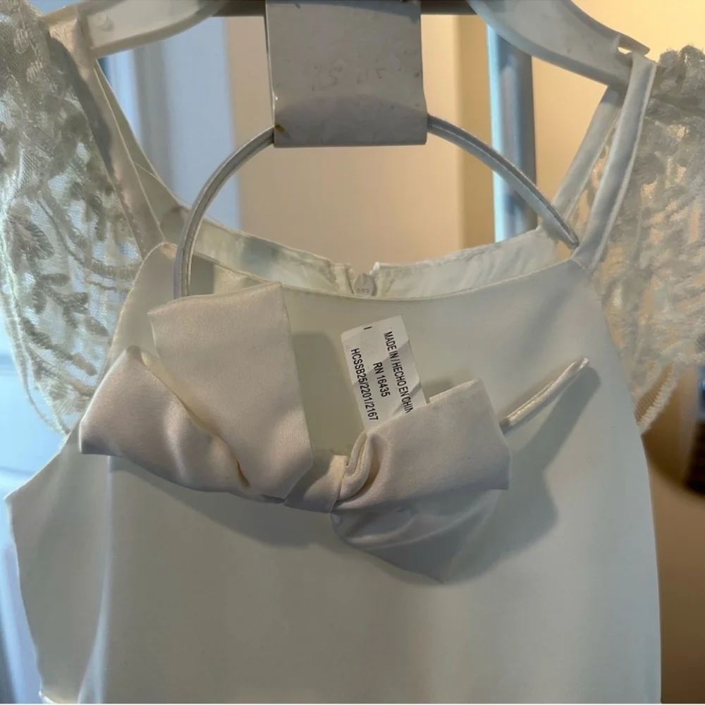 Biscotti Flower Girl White Dress with Lace Shoulders & Matching Bow Headband